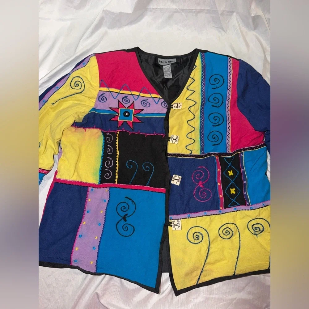 VTG Indigo Moon Patchwork Embroidered Jacket Boho Artsy Coat L